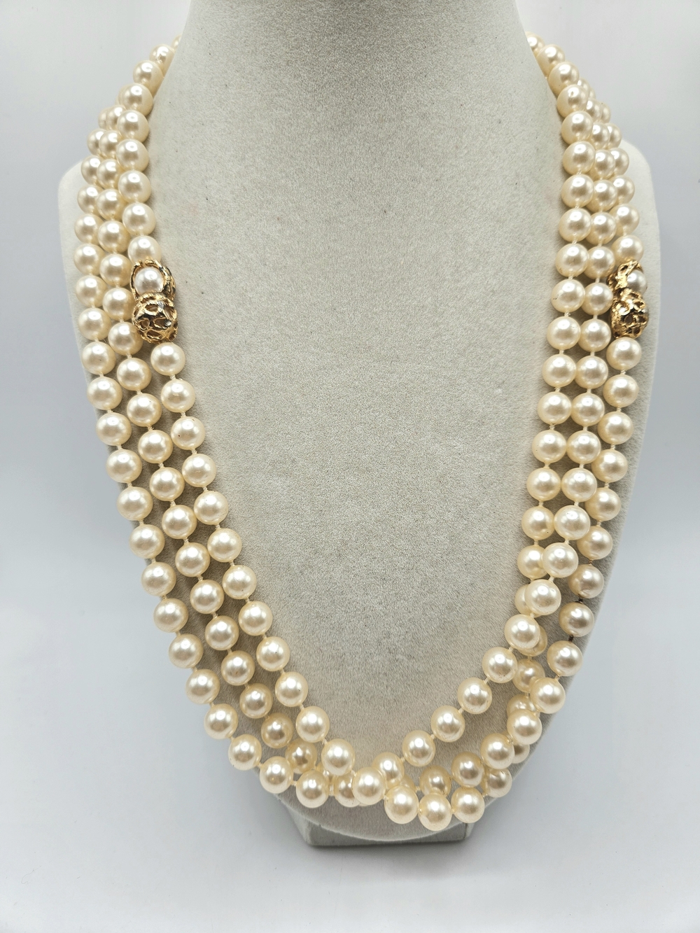 VINTAGE Opera Length Faux Pearl 68" Strand Necklace Gold Tone Peanut Accents